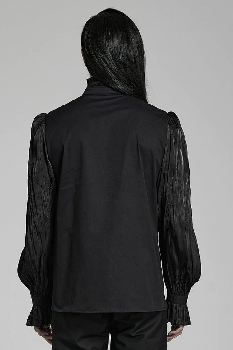 Black Stand Collar Ruched Stitching Lace Gothic Blouse With Scarf