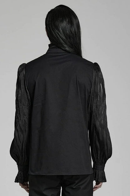 Black Stand Collar Ruched Stitching Lace Gothic Blouse With Scarf