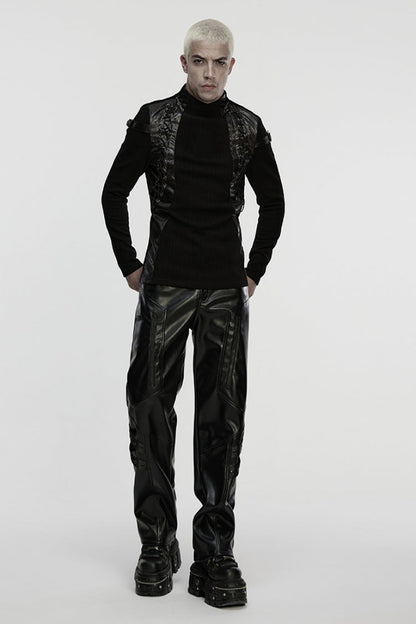 Black Stand Collar Long Sleeves Spliced Buckled Strappy Punk Top