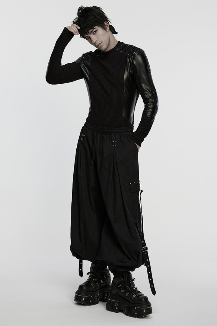 Black Round Collar Long Sleeves Spliced Eyelet Punk T-shirt