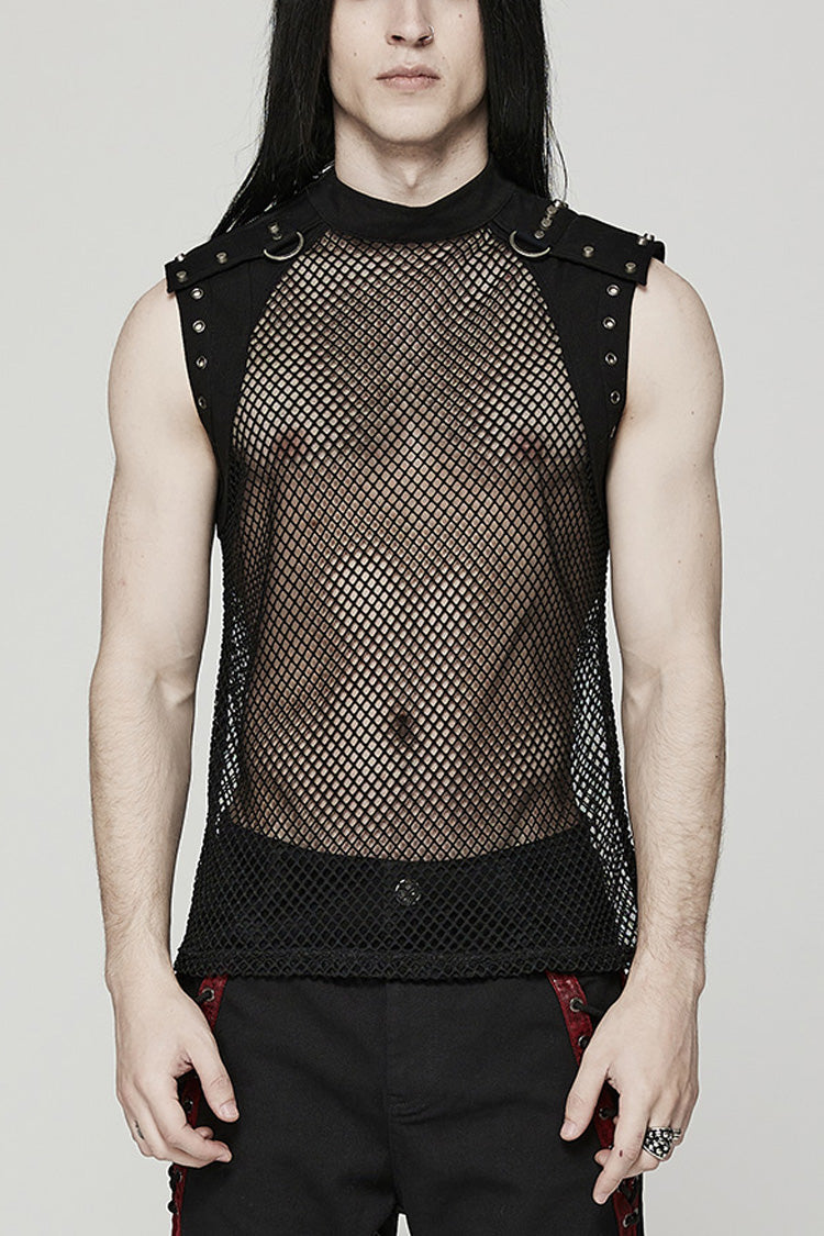High Collar Sleeveless Rivet Decoration Sheer Mesh Steampunk Vest 2 Colors