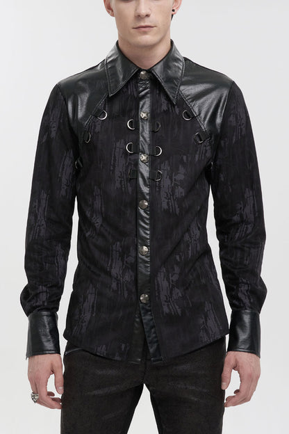 Black Ribbed Metal Chain Hand-painted Velveteen Paneled Leather Punk Shirt