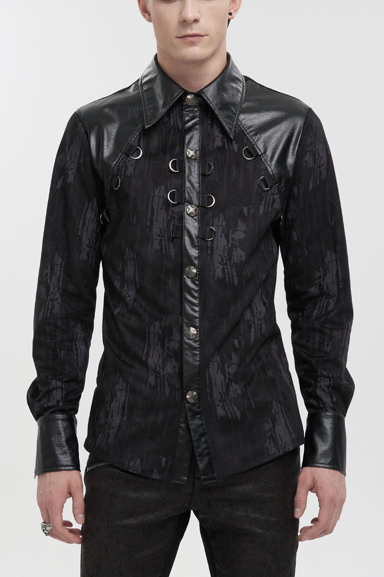 Black Ribbed Metal Chain Hand-painted Velveteen Paneled Leather Punk Shirt