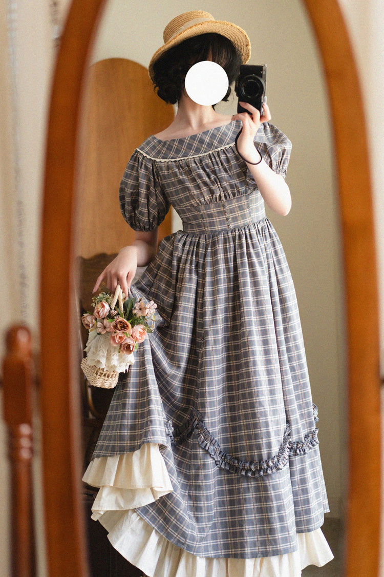 Grey/blue [forest Picnic] Boat Neck Short Sleeves Printed Lift-hem Ruffled Classic Lolita Dress