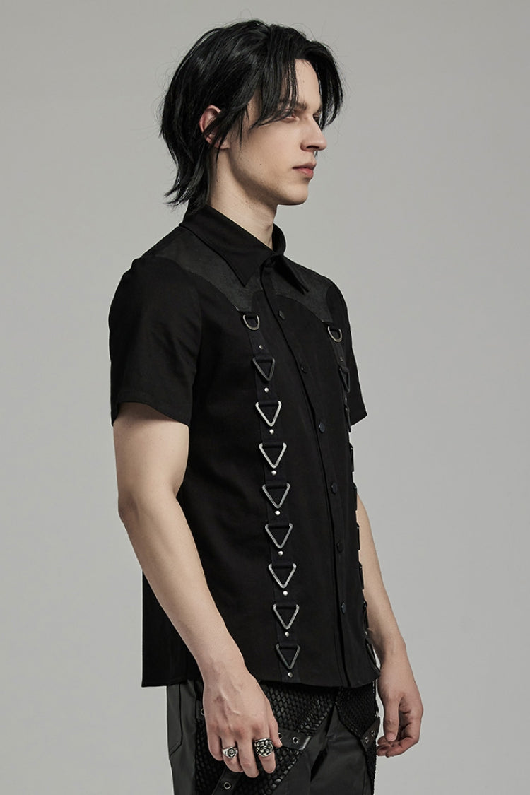 Black Lapel Collar Short Sleeves Stitching Punk Blouse