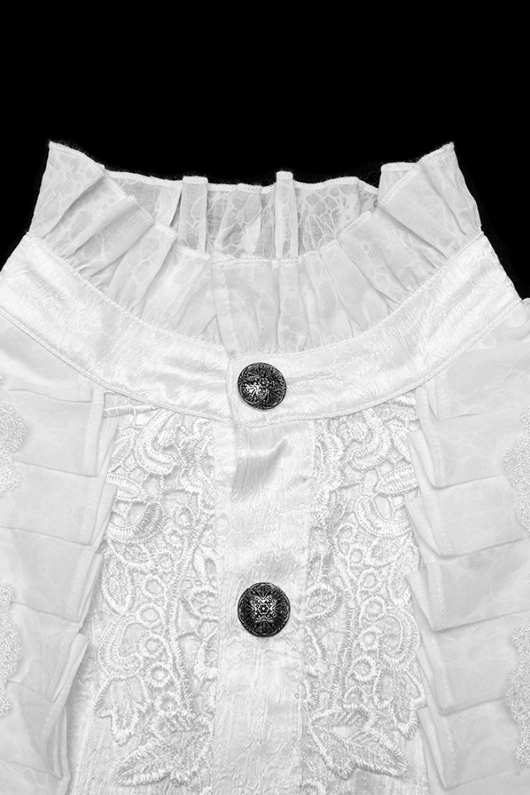 White Stand Collar Long Puff Sleeves Jacquard Ruffle Embroidery Gothic Blouse