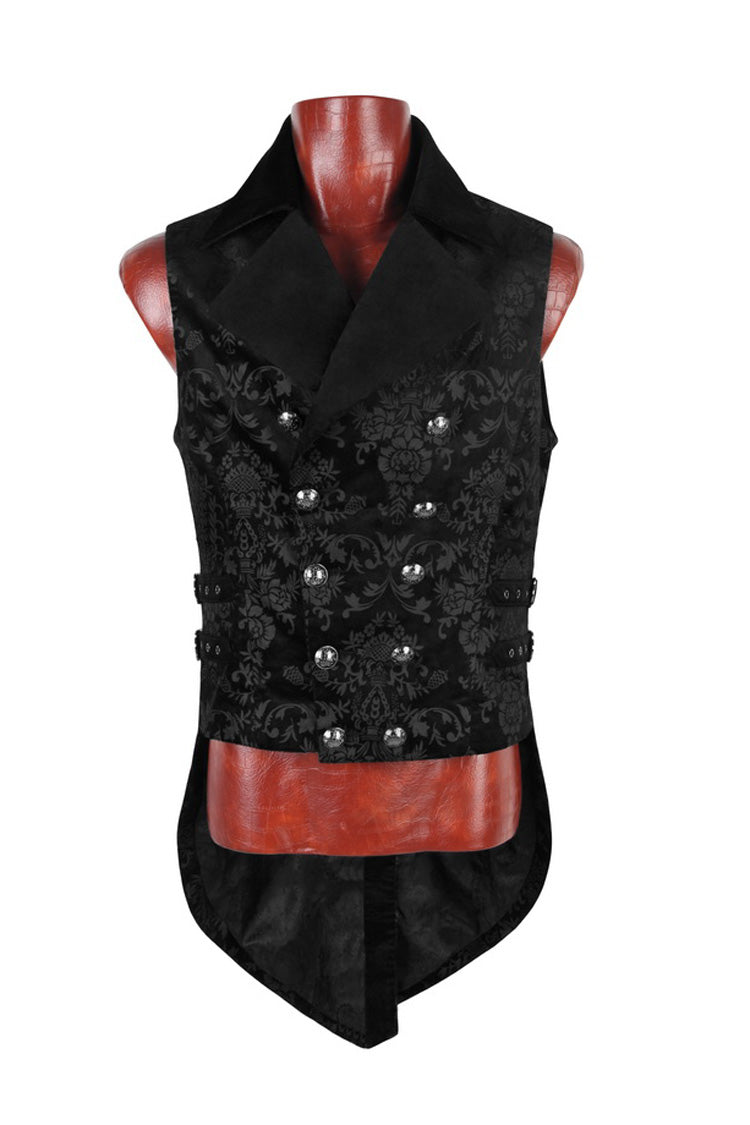 Black Double-breasted Swallowtail Hem Print Gothic Vest