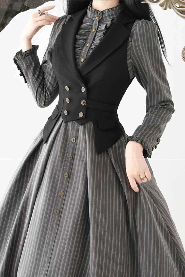 [forest Castle] Stand Collar Long Sleeves Striped Printed Ruffled Classic Lolita Dress 3 Colors