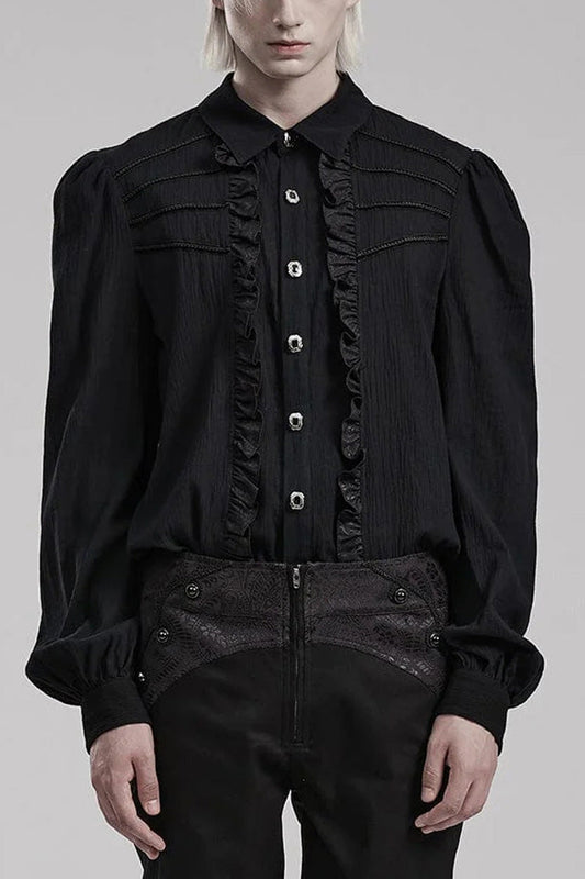Black Hand-stitched Button Pleated Long Puff Sleeves Ruffle Gothic Blouse