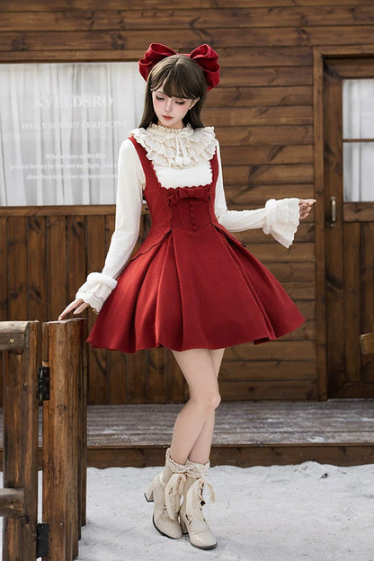 Red [letters and Poems · Velvet Rose] Sleeveless Embroidered Bow Fishbone Classic Lolita Bandeau Dress 2 Versions