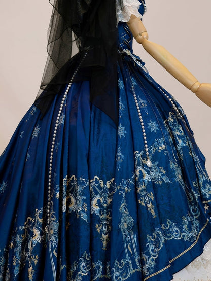 [pre-order Deadline: May 3] Dark Blue White Corset Lace Ribbon Lolita Jsk Princess Dress + Complete Set