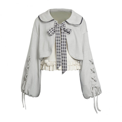 Plaid Ribbon Camisole Two Piece Jacket + Cape Coat + Skirt