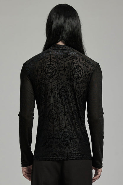 Black Stand Collar Long Sleeves Embroidery Cross Flocking Gothic Blouse