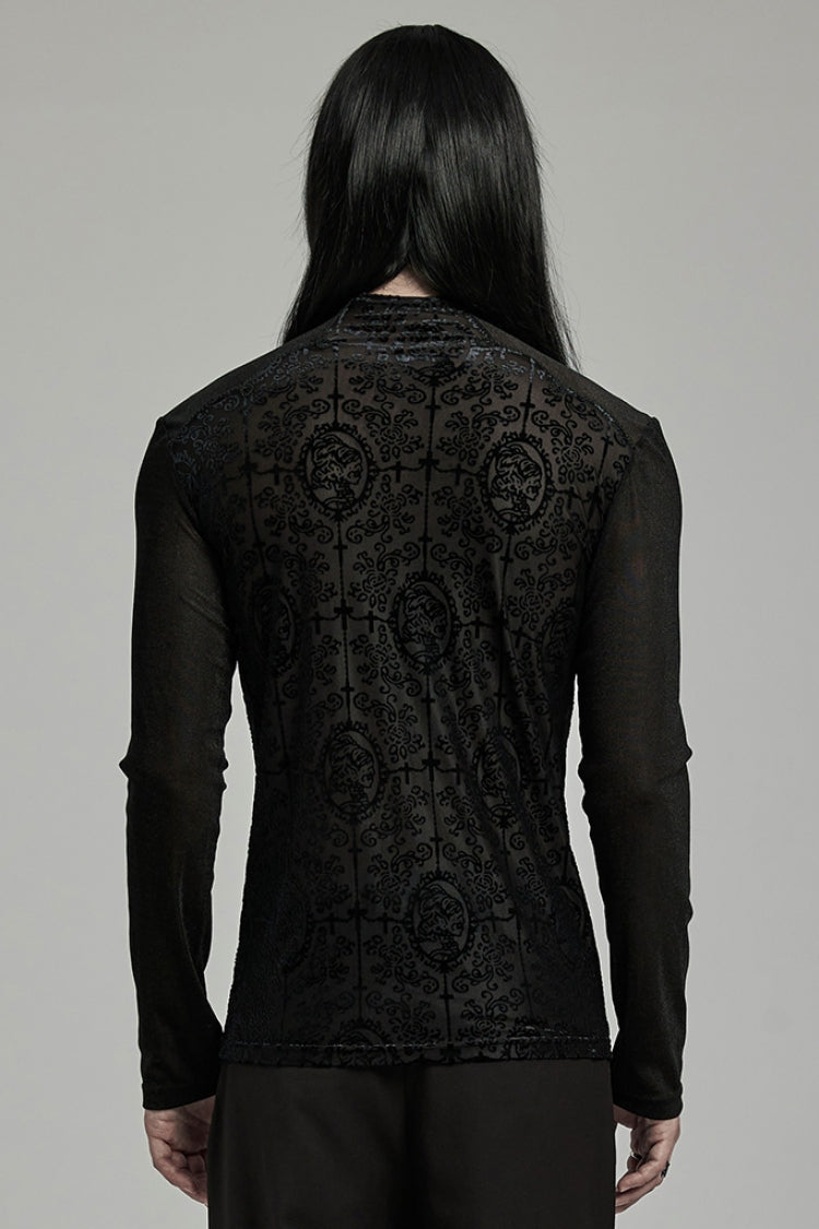 Black Stand Collar Long Sleeves Embroidery Cross Flocking Gothic Blouse