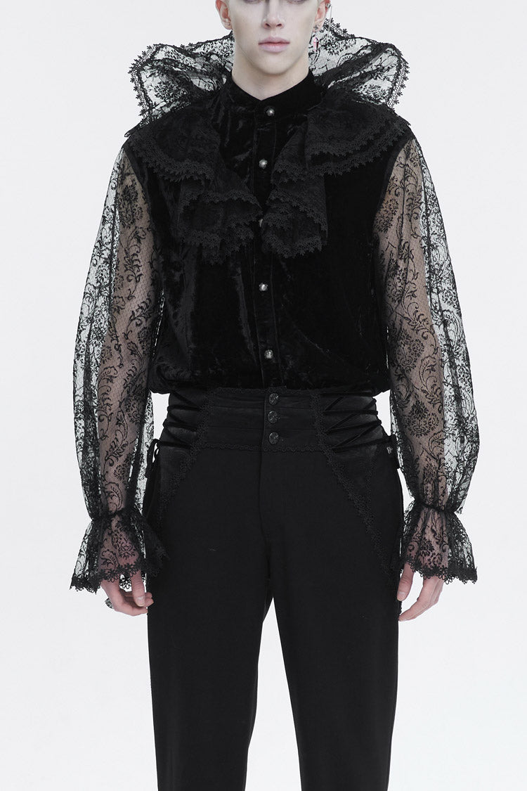 Black Lotus Leaf Stand Collar Semitransparent Lace Long Sleeved Gothic Shirt