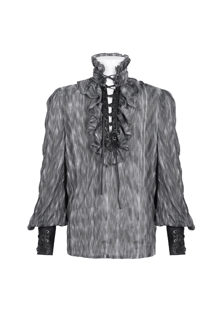 Black/grey Ruffle Stand Collar Print Lace-up Gothic Blouse