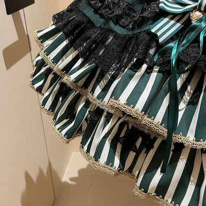 [pre-order Deadline: May 20] Magical Girl Lolita Lace Puff Sleeve Shirt + Black X Green Ribbon Corset Tiered Dress + Mini Hat