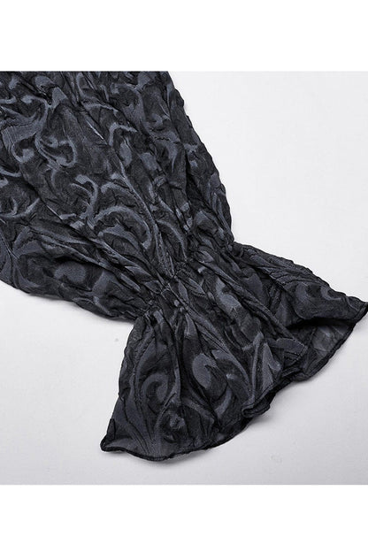 Gray Punk Chiffon Ruffle Stand Collar Wide Brimmed Lantern Sleeves Retro Relief Sculpture Embossing Shirt