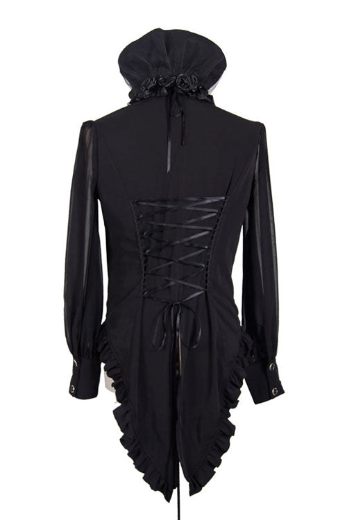 Black High Collar Lace Up Dovetail Hem Gothic Blouse