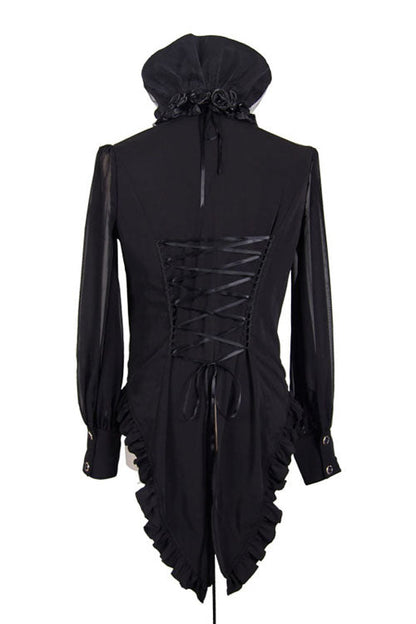 Black High Collar Lace Up Dovetail Hem Gothic Blouse
