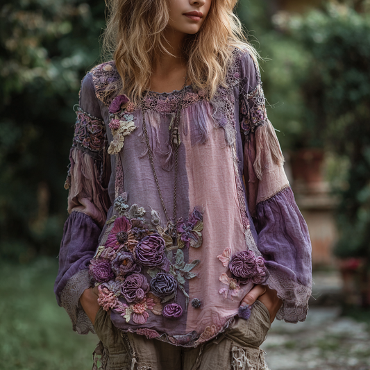 Women's Vintage Floral Stitching Long Sleeve Round Neck Shirt elevenforest