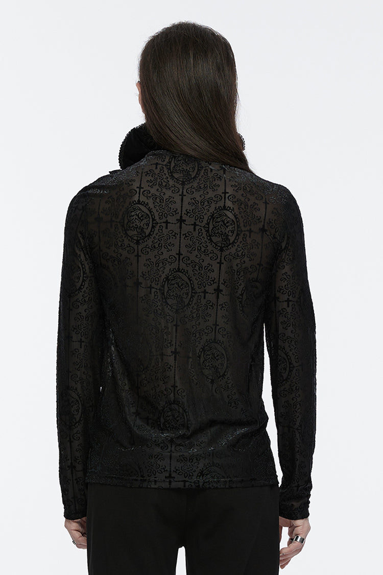 Black Stand Collar Long Sleeves Print Ruffle Gothic Blouse