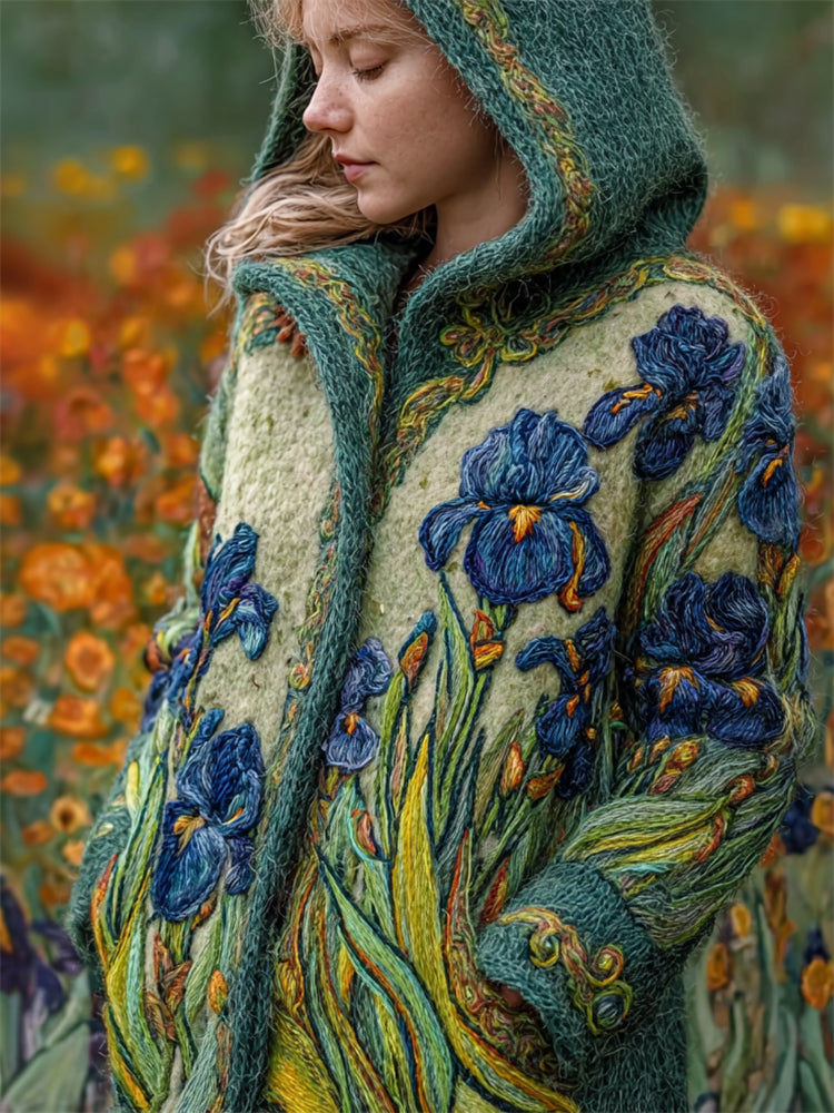 Vintage Irises Painting Embroidered Cozy Knit Hooded Cardigan elevenforest