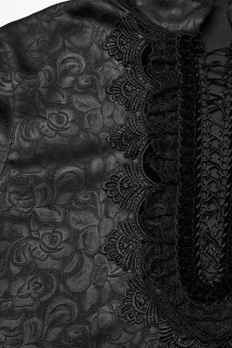 Black Stand Collar Long Sleeves Ruffle Embroidery Lace-up Plunging Rose Gothic Blouse