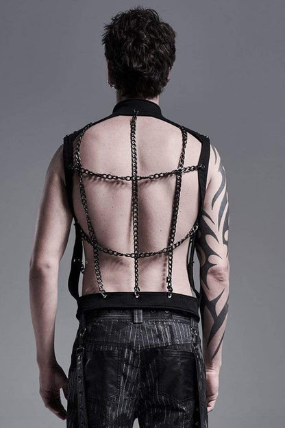 Black Stand Collar Single-breasted Metal Rivet Chain Decoration Hollow Steampunk Vest