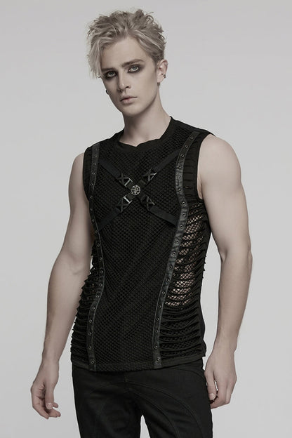 Black Round Collar Sleeveless Stitching Mesh Buckle Punk Vest