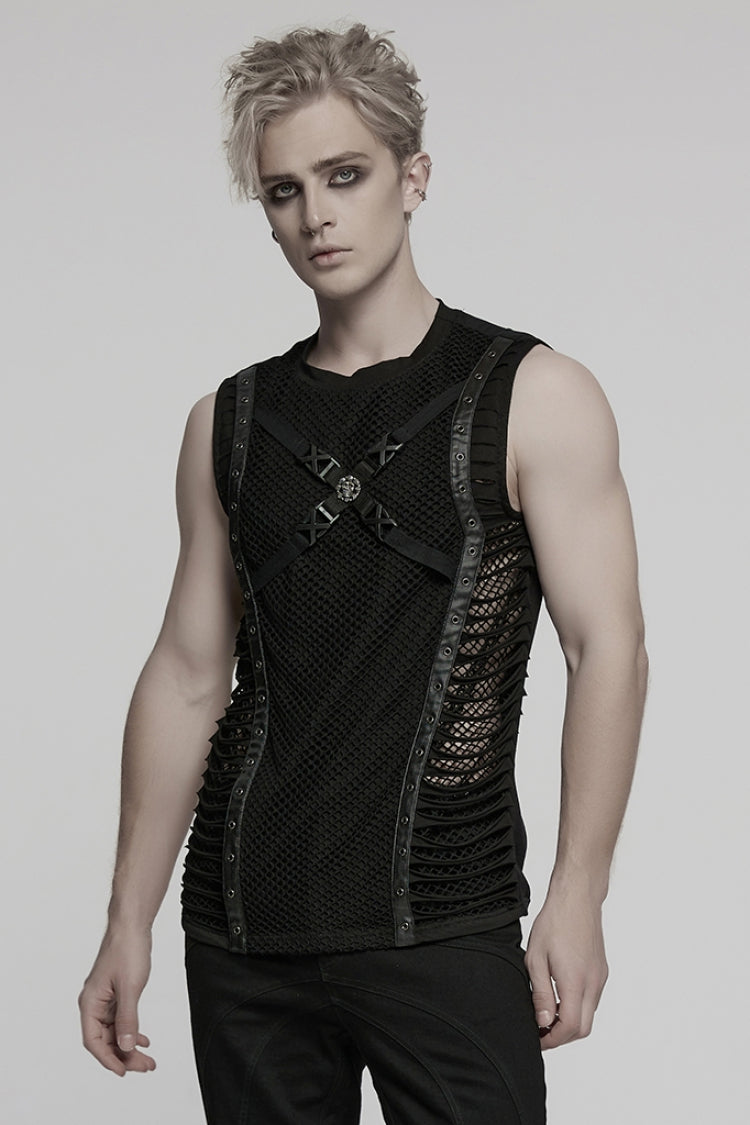 Black Round Collar Sleeveless Stitching Mesh Buckle Punk Vest