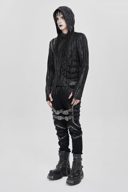 Black Long Sleeves Irregular Hooded Straps Eyelet Punk Blouse