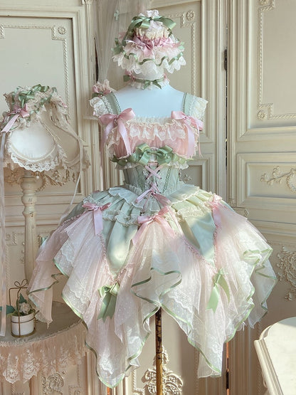 [pre-order Deadline: May 8] Pink X Green/blue X Yellow Fairy Princess Lolita Tulle Lace Bow Layered Dress