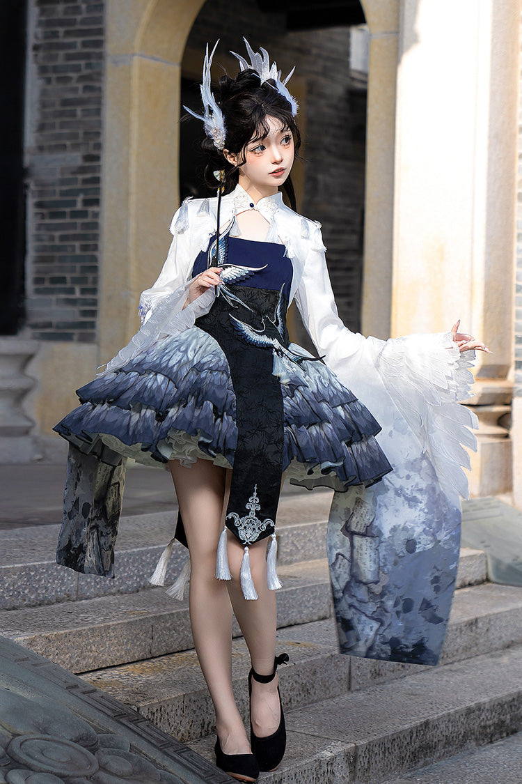 Dark Blue [feathered Finch] Multi-layered Print Ruffle Classic Chinese Style Lolita Jsk Dress Set
