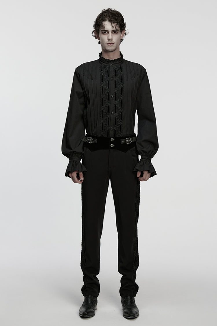 Black Stand Collar Long Sleeves Ruffle Embroidery Pleated Gothic Blouse