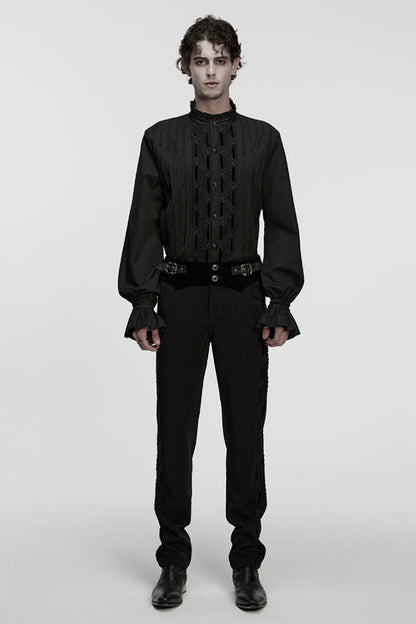 Black Stand Collar Long Sleeves Ruffle Embroidery Pleated Gothic Blouse