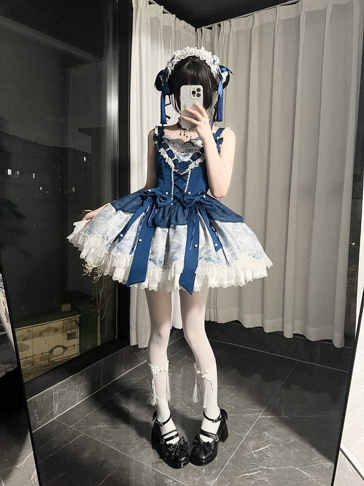 [pre-order Deadline: May 6] Dark Blue Moonlight Sea Lace Ribbon Layered Dress + Accessories