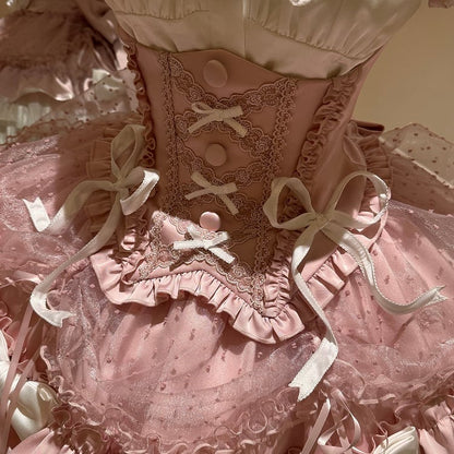 [order Deadline: May 12] Pink White Sweet Lolita Idol Ribbon Puff Sleeve Shirt + Corset Tulle Pull-up Jks Dress Set