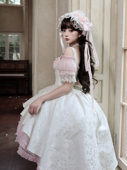 [pre-order Deadline: April 28] Pink X White Gothic Lolita Corset Layered Jsk Dress + Off-shoulder Lace Puff Top