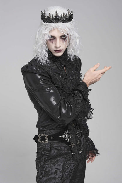 Black Stand Collar Long Puff Sleeves Embroidery Stitching Lace Gothic Blouse