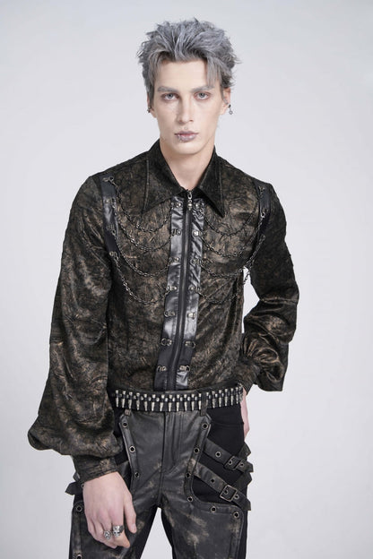 Black Lapel Collar Long Puff Sleeves Faux Leather Stitching Gothic Blouse With Chain