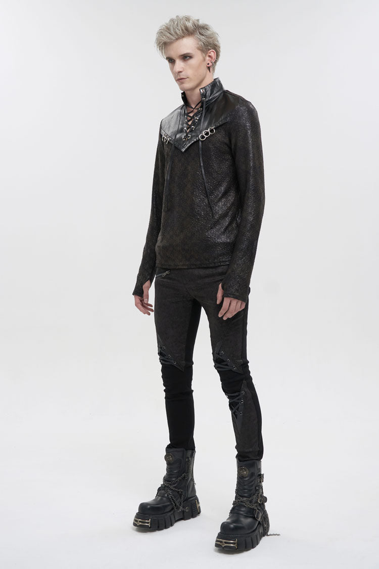 Black Stand Collar Long Sleeves Faux Leather Splice Gothic Shirt