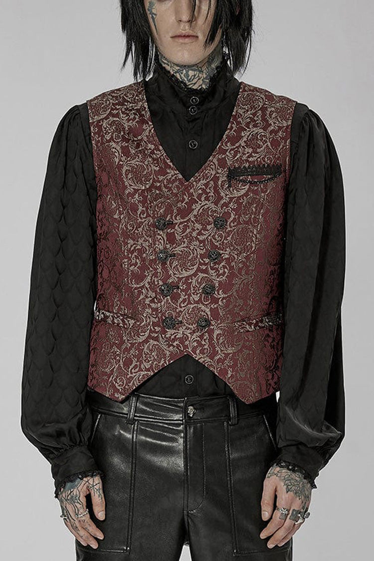 Red Punk V Neck Asymmetrical Relief Sculpture Jacquard Double Row Hand Seam Button Vest