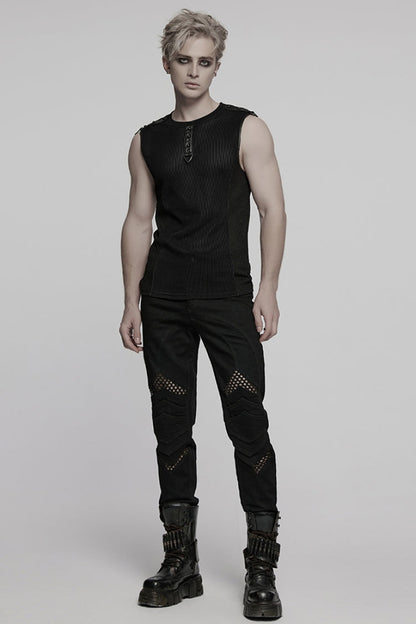 Black Round Collar Sheer Mesh Color Matching Rivet Punk Vest