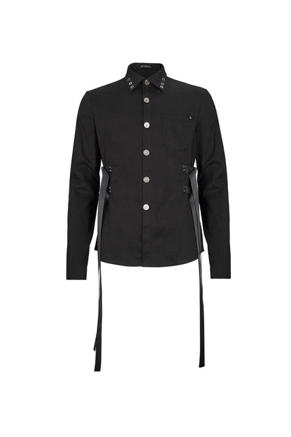 Black Nylon Strap Metal Buckle Decoration Long Sleeve Elasticity Punk Shirt