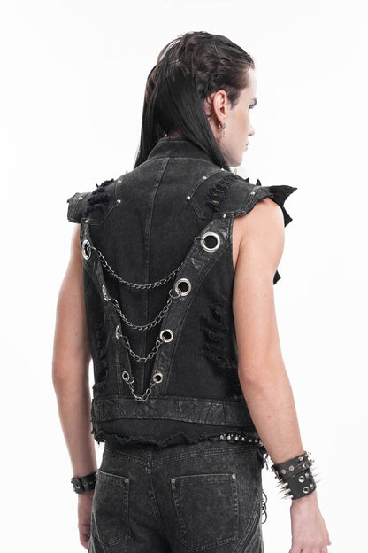Black Stand Collar Sleeveless Rivets Chain Rings Gothic Vest