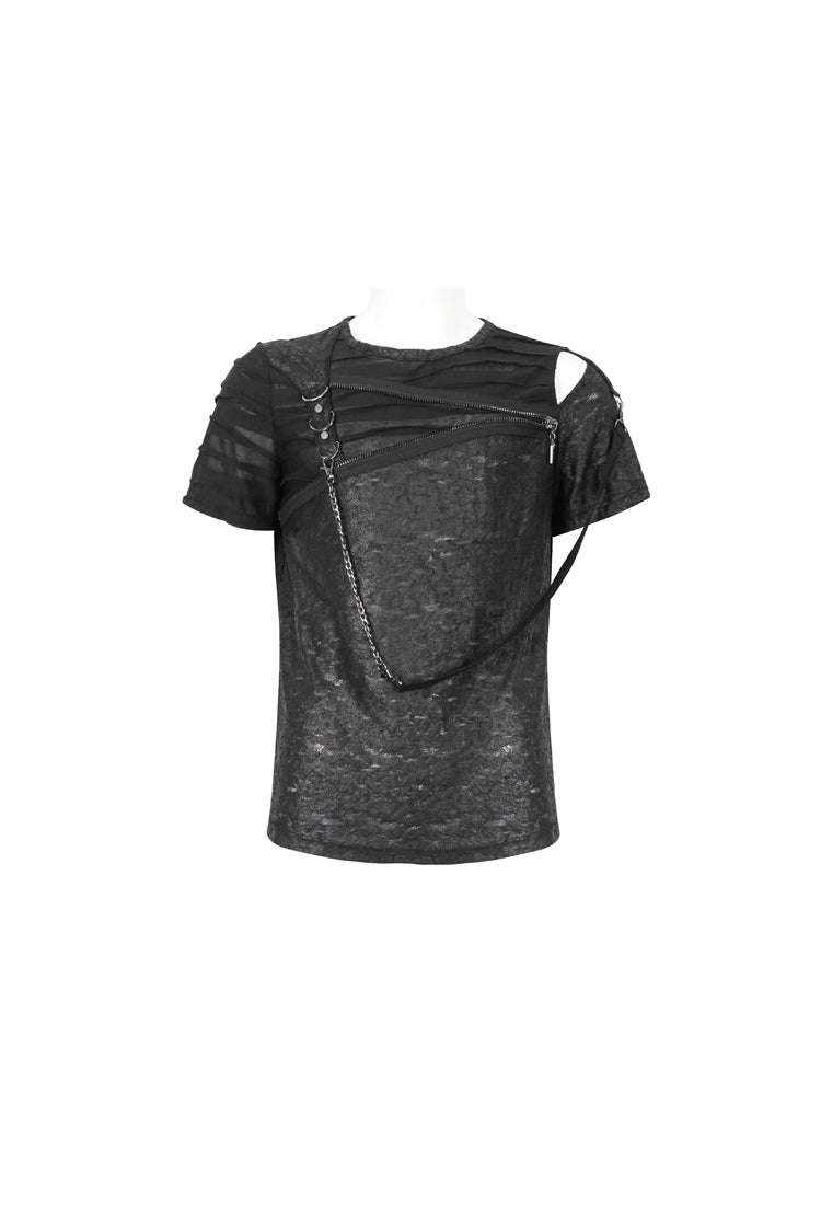 Black Left Off Shoulder Chest Zipper Embellished Punk Short Sleeve