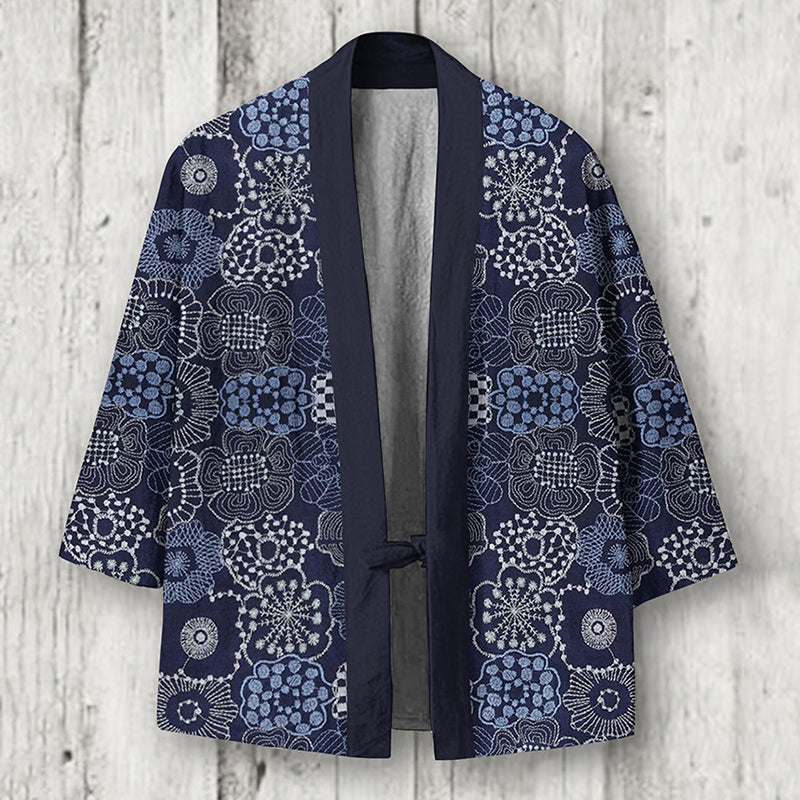 Men's Japanese Floral Sashiko Art Linen Blend Kimono Cardigan elevenforest