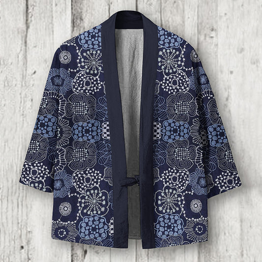 Men's Japanese Floral Sashiko Art Linen Blend Kimono Cardigan elevenforest