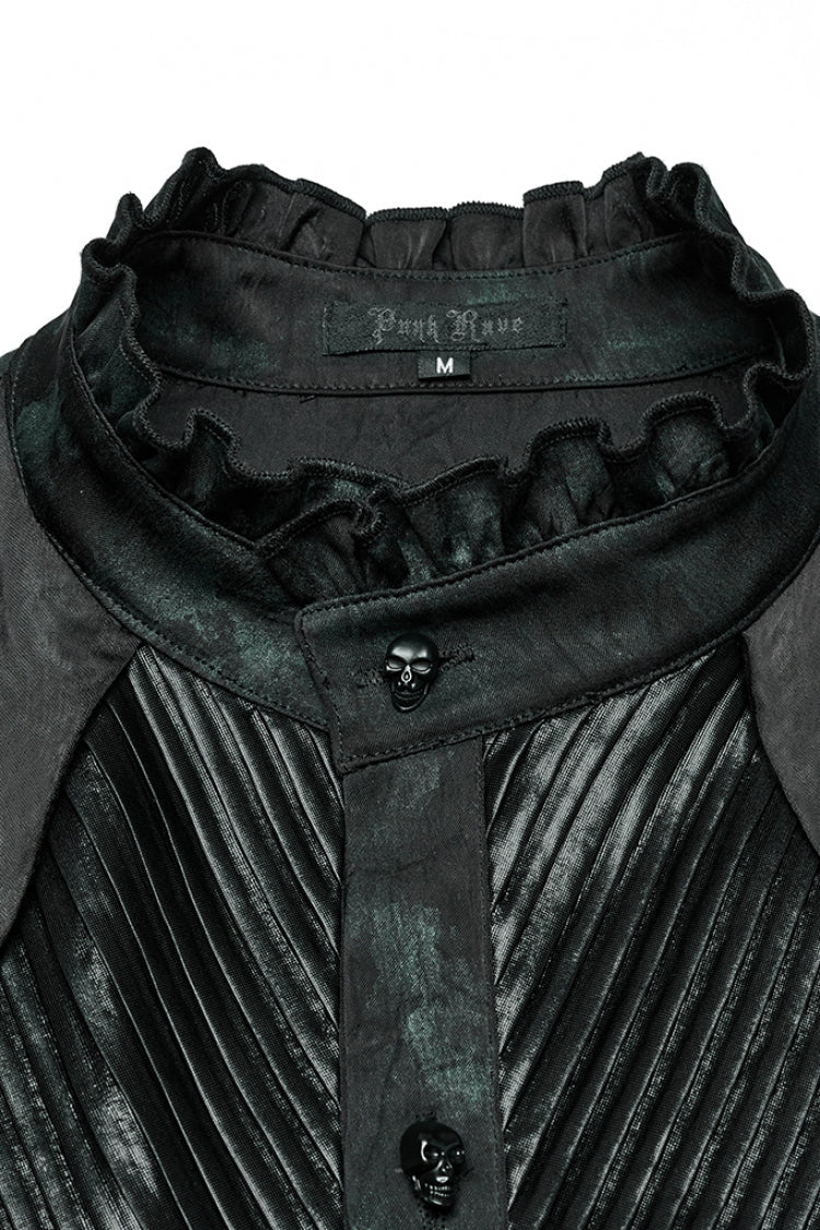 Black/green Stand Collar Long Sleeves Ruffle Pleated Gothic Blouse